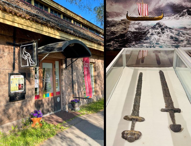 Esihistorian Opastuskeskus Nauravan Lohikäärmeen etuovi sekä viinkiaikaisia miekkoja.