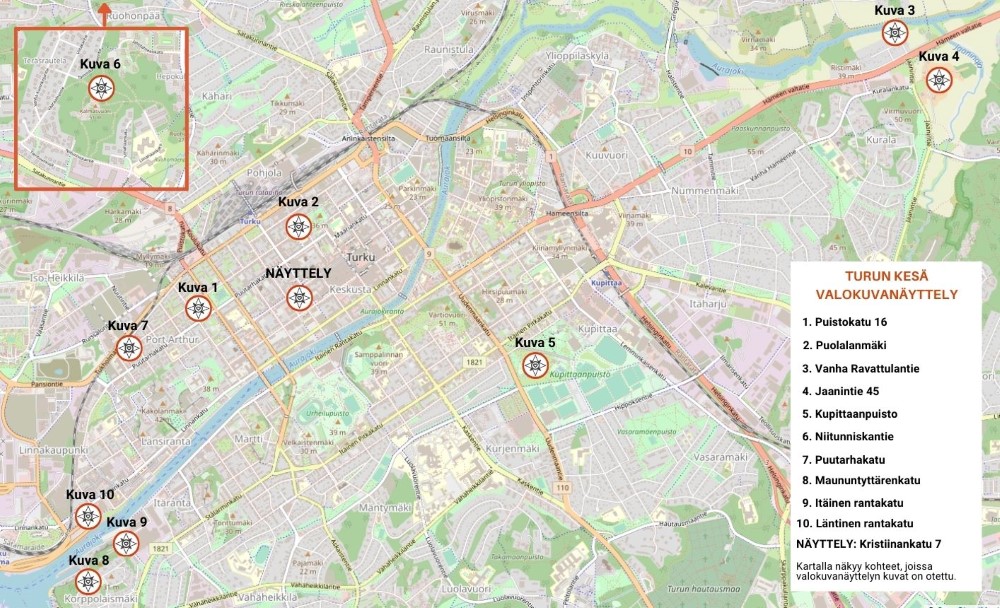 Turun kesä -valokuvanäyttelyn kohteiden kartta.