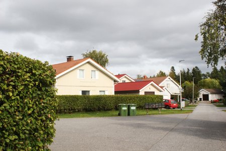 Keskellä kuvaa vaaleita omakotitaloja Kuloisten alueella Raisiossa. Etualalla pensasaita ja taustalla pilviä.